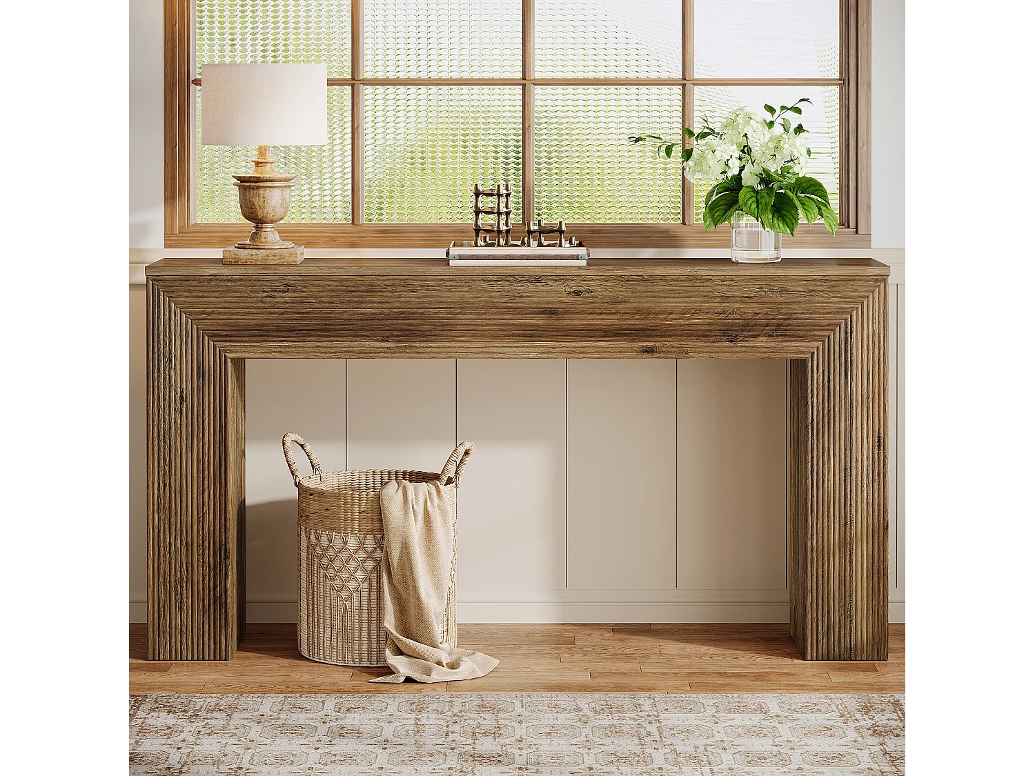 Console de 160 cm, table d'appoint rustique cannelée à placer derrière un canapé dans une entrée