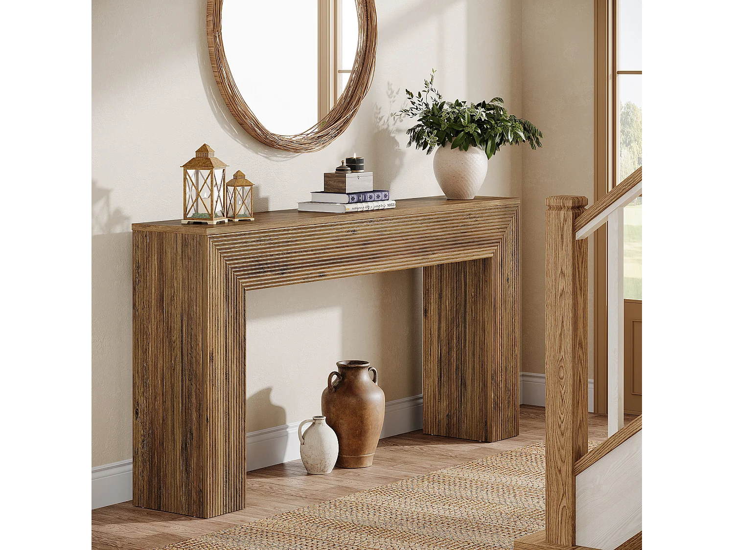 Console de 160 cm, table d'appoint rustique cannelée à placer derrière un canapé dans une entrée