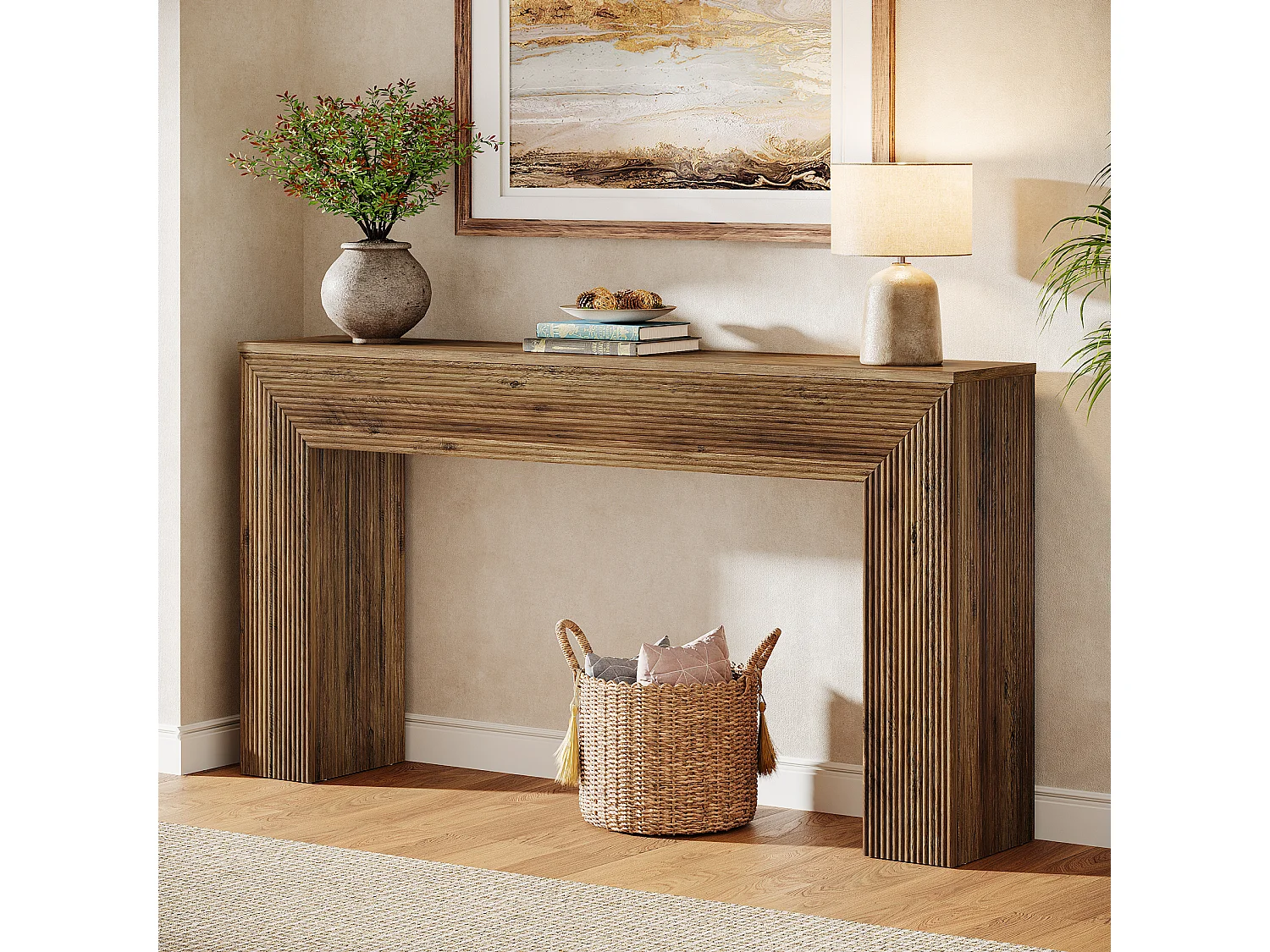 Console de 160 cm, table d'appoint rustique cannelée à placer derrière un canapé dans une entrée