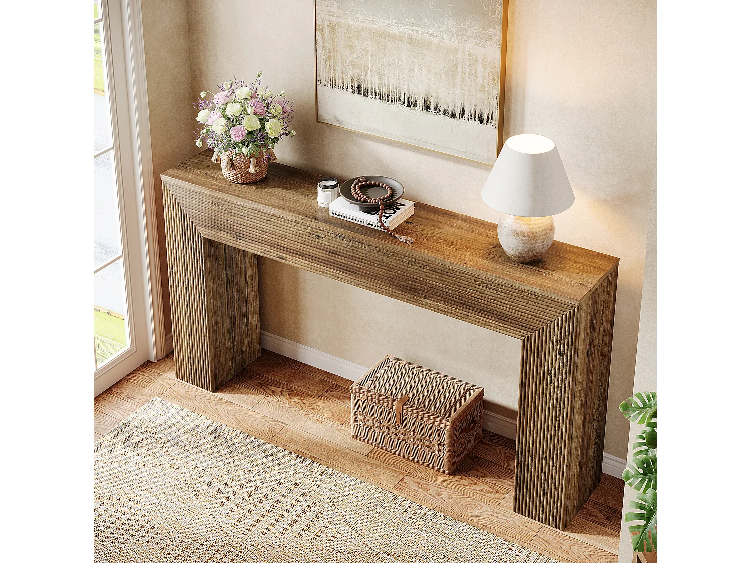 Console de 160 cm, table d'appoint rustique cannelée à placer derrière un canapé dans une entrée