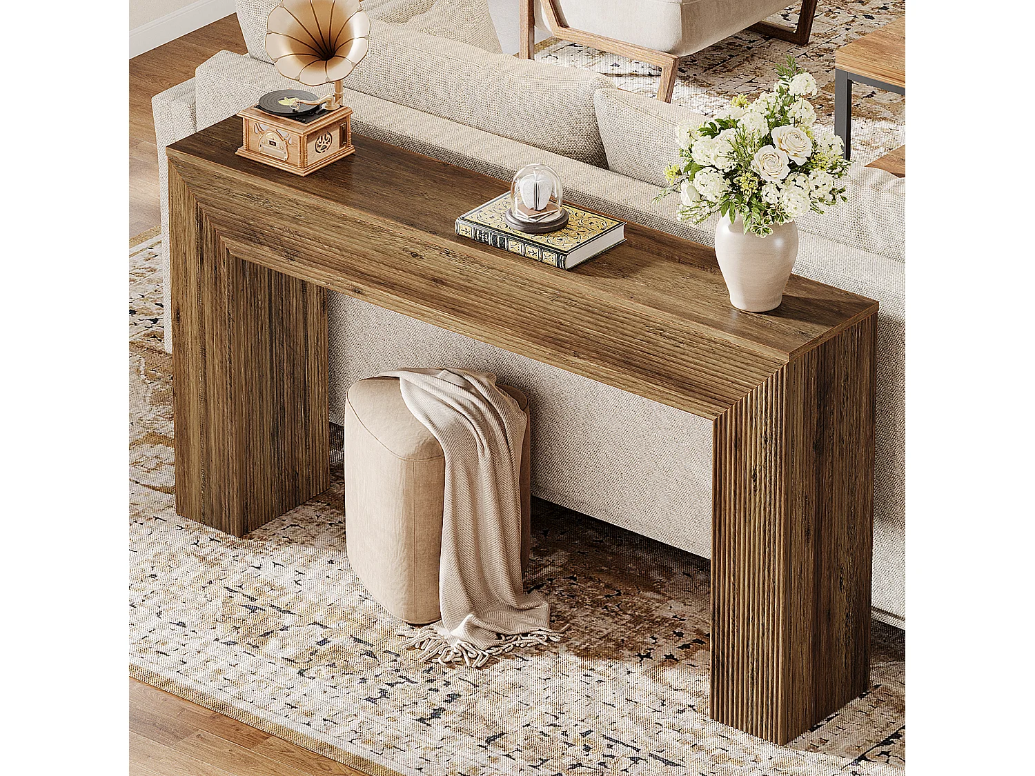 Console de 160 cm, table d'appoint rustique cannelée à placer derrière un canapé dans une entrée