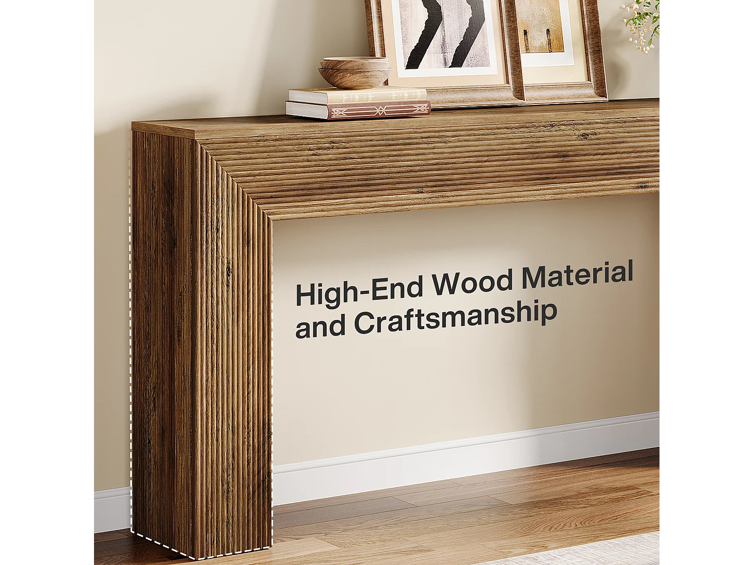 Console de 160 cm, table d'appoint rustique cannelée à placer derrière un canapé dans une entrée