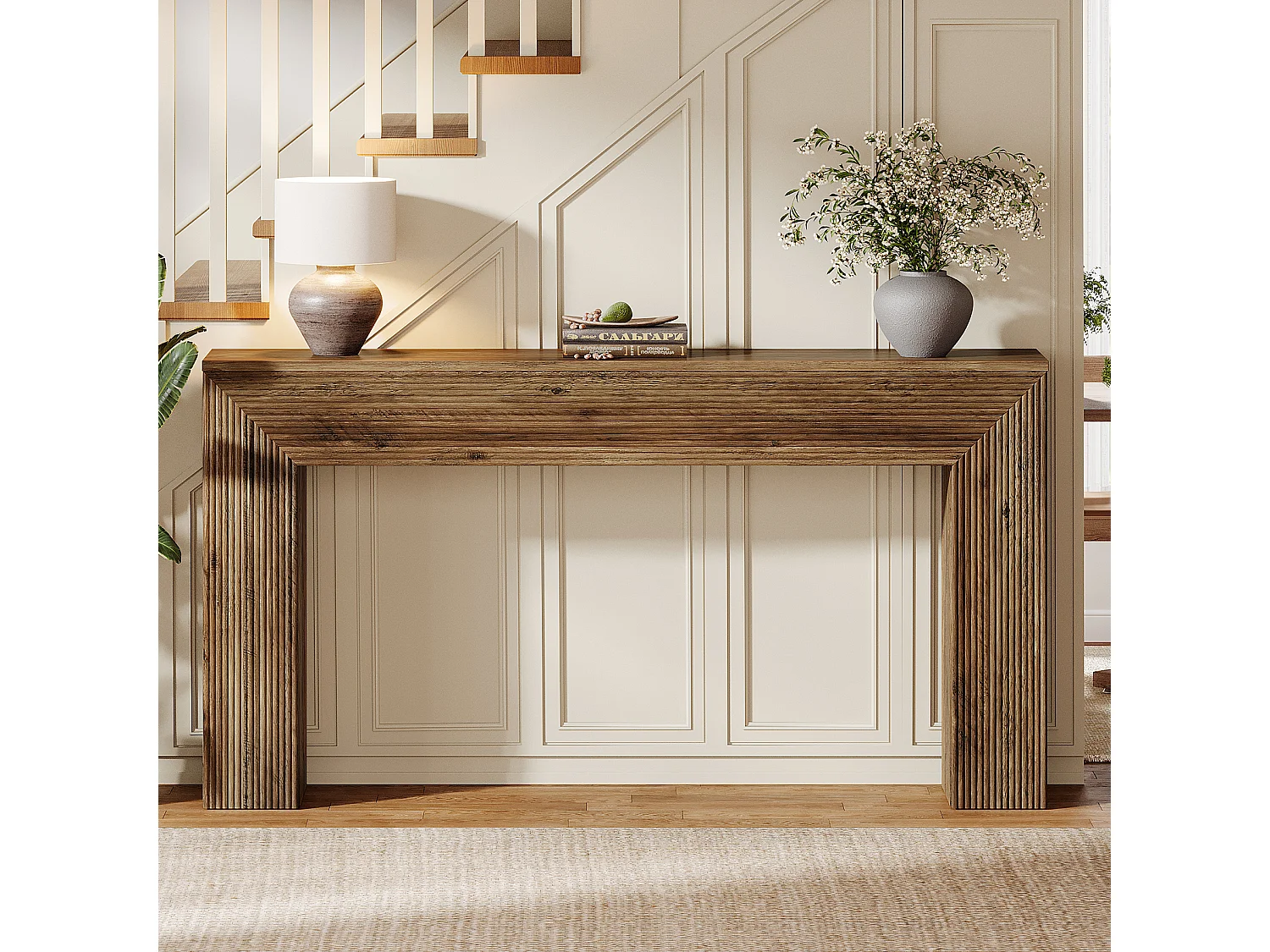 Console de 160 cm, table d'appoint rustique cannelée à placer derrière un canapé dans une entrée