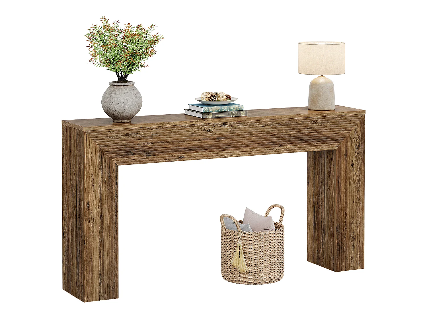 Console de 160 cm, table d'appoint rustique cannelée à placer derrière un canapé dans une entrée