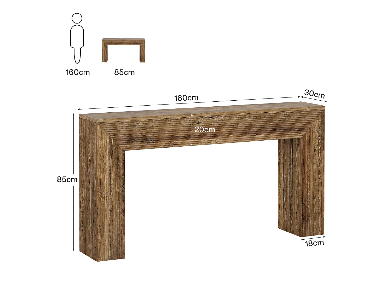 Console de 160 cm, table d'appoint rustique cannelée à placer derrière un canapé dans une entrée