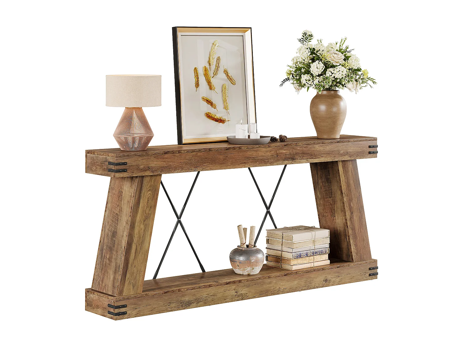 Console longue de style campagnard de 180 cm, table d'appoint pour canapé avec rangement