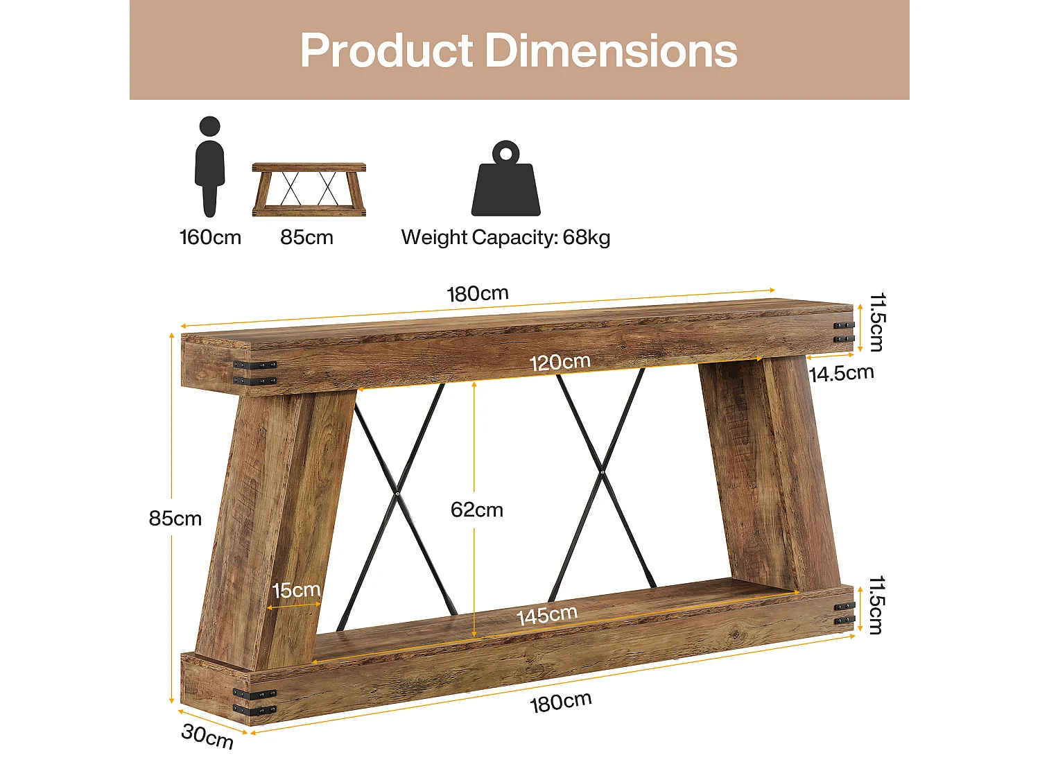Console longue de style campagnard de 180 cm, table d'appoint pour canapé avec rangement