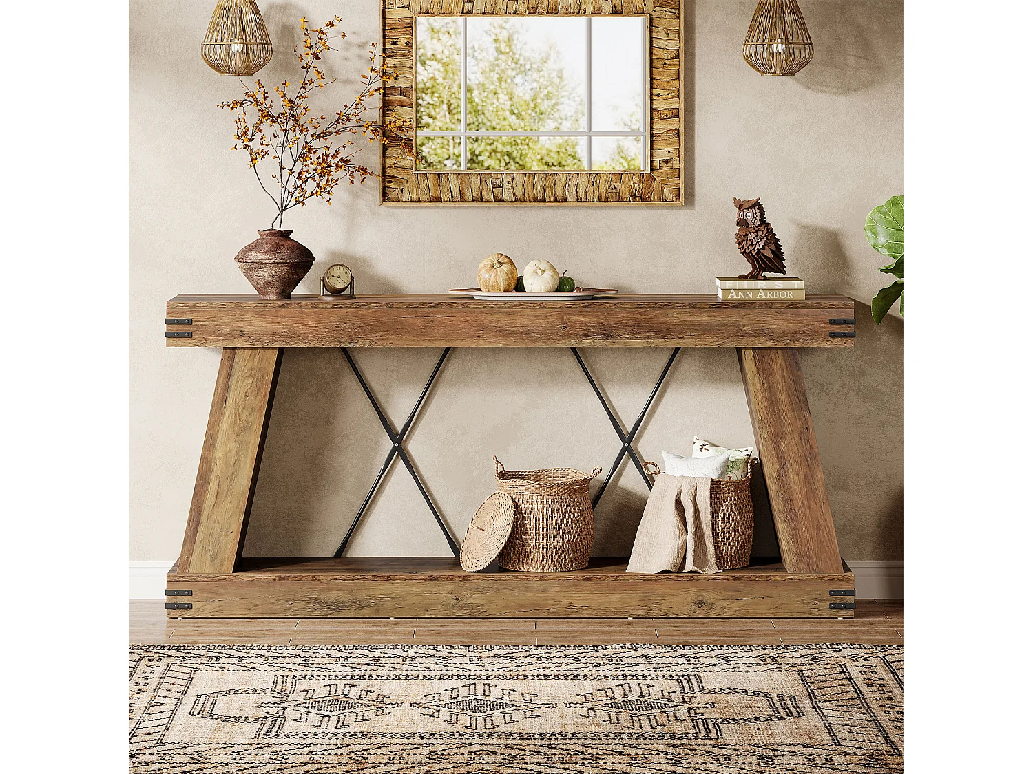 Console longue de style campagnard de 180 cm, table d'appoint pour canapé avec rangement