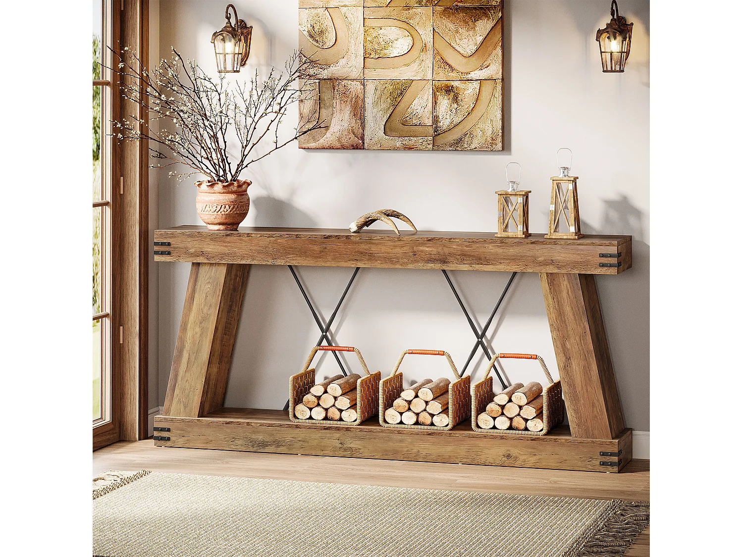 Console longue de style campagnard de 180 cm, table d'appoint pour canapé avec rangement