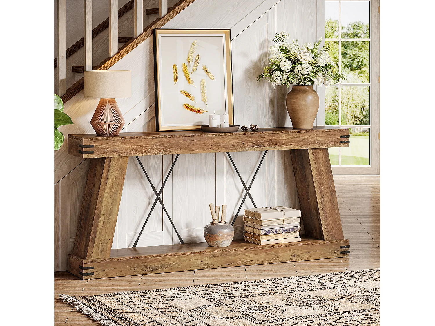 Console longue de style campagnard de 180 cm, table d'appoint pour canapé avec rangement