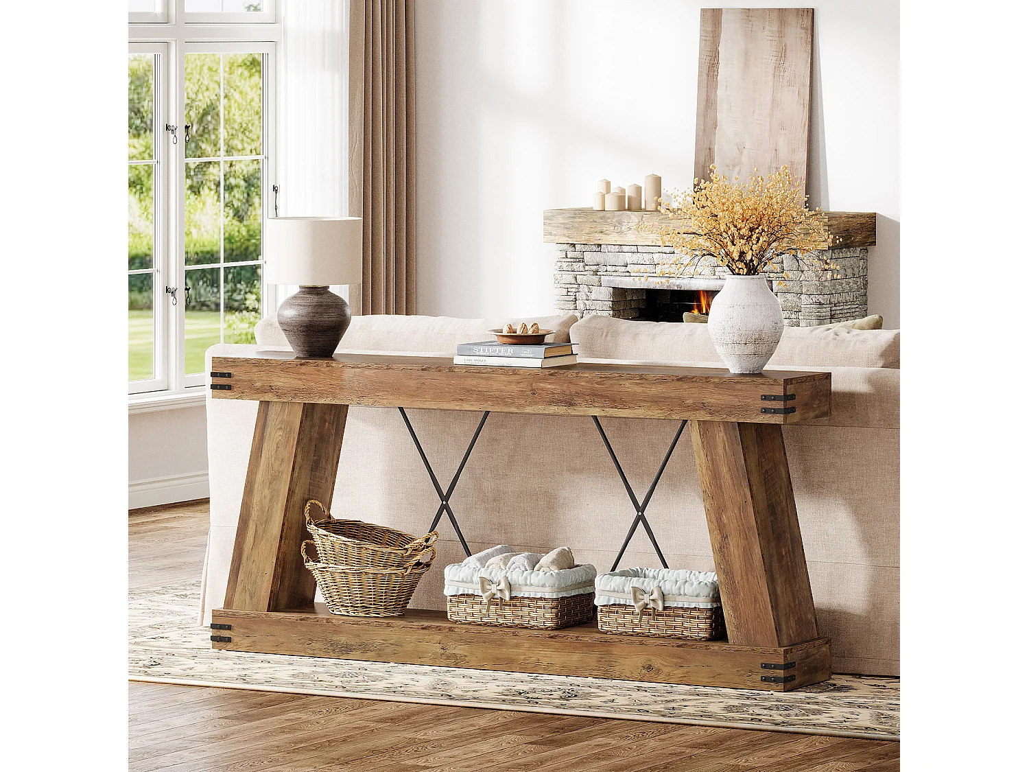 Console longue de style campagnard de 180 cm, table d'appoint pour canapé avec rangement