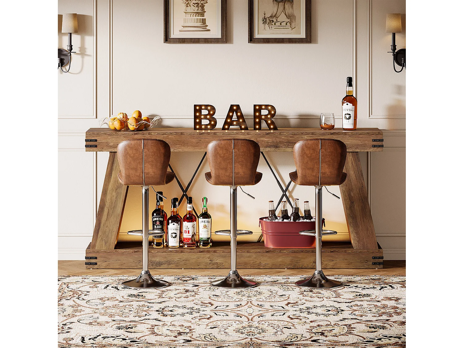 Console longue de style campagnard de 180 cm, table d'appoint pour canapé avec rangement