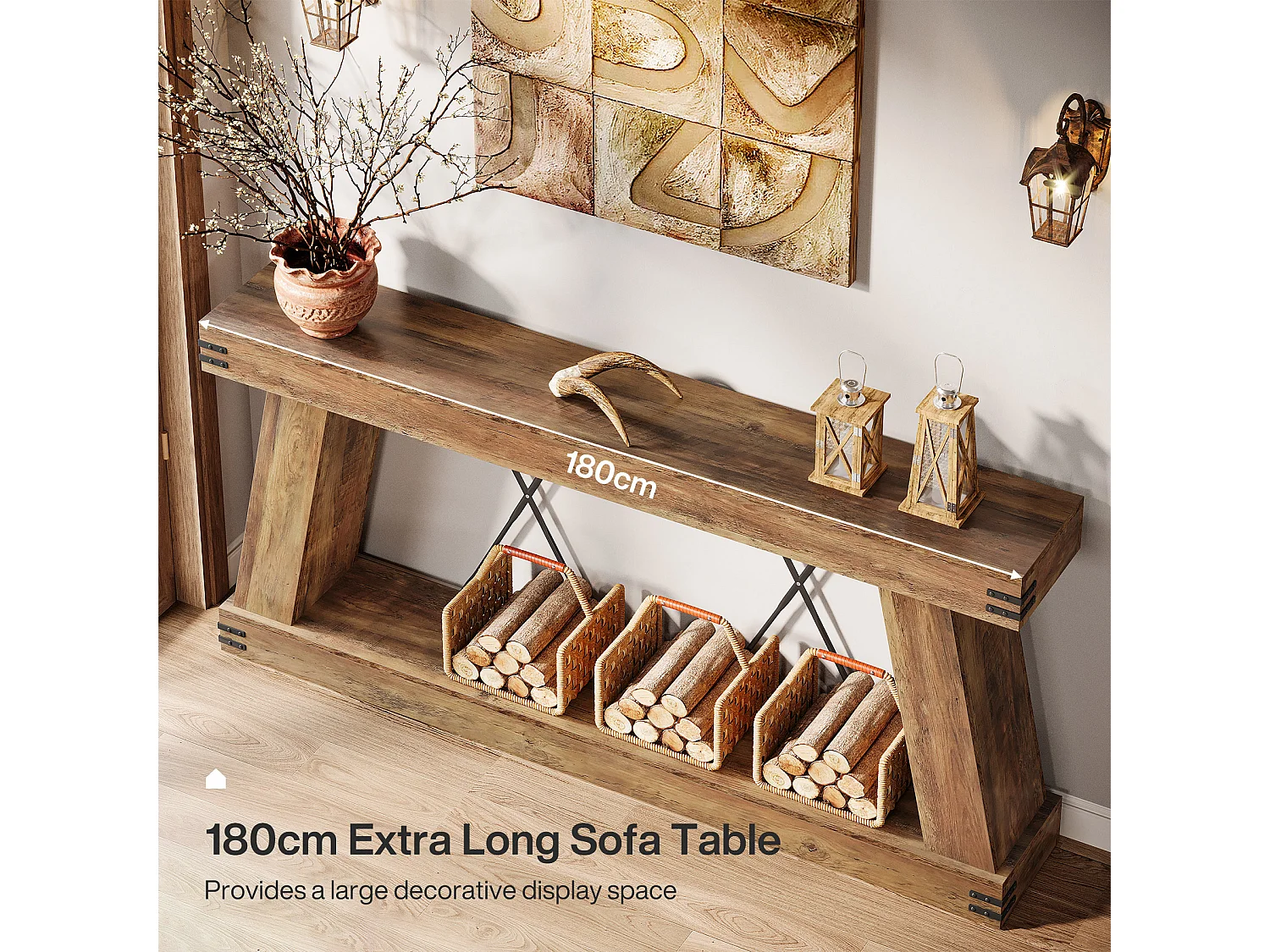 Console longue de style campagnard de 180 cm, table d'appoint pour canapé avec rangement