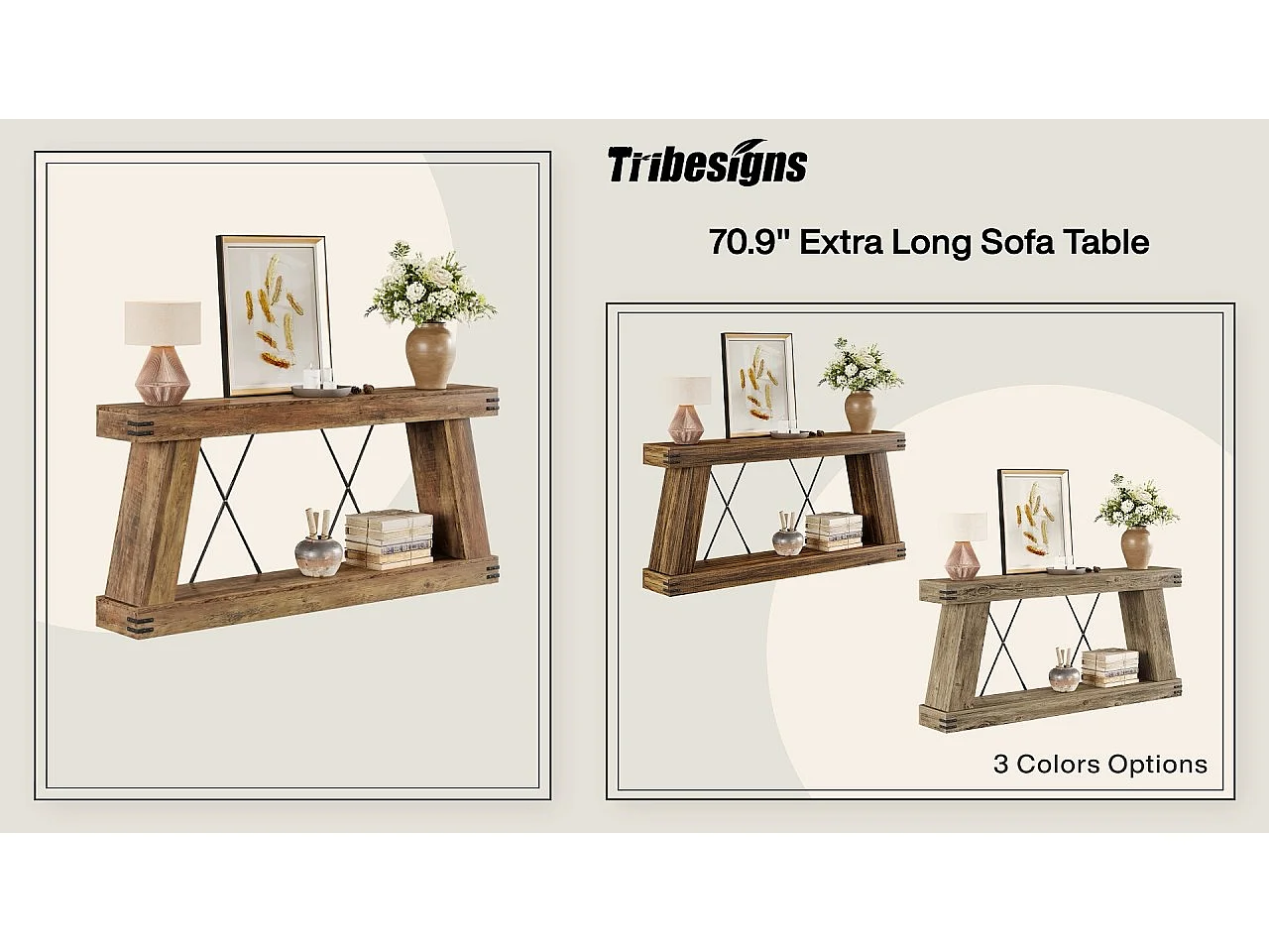 Console longue de style campagnard de 180 cm, table d'appoint pour canapé avec rangement