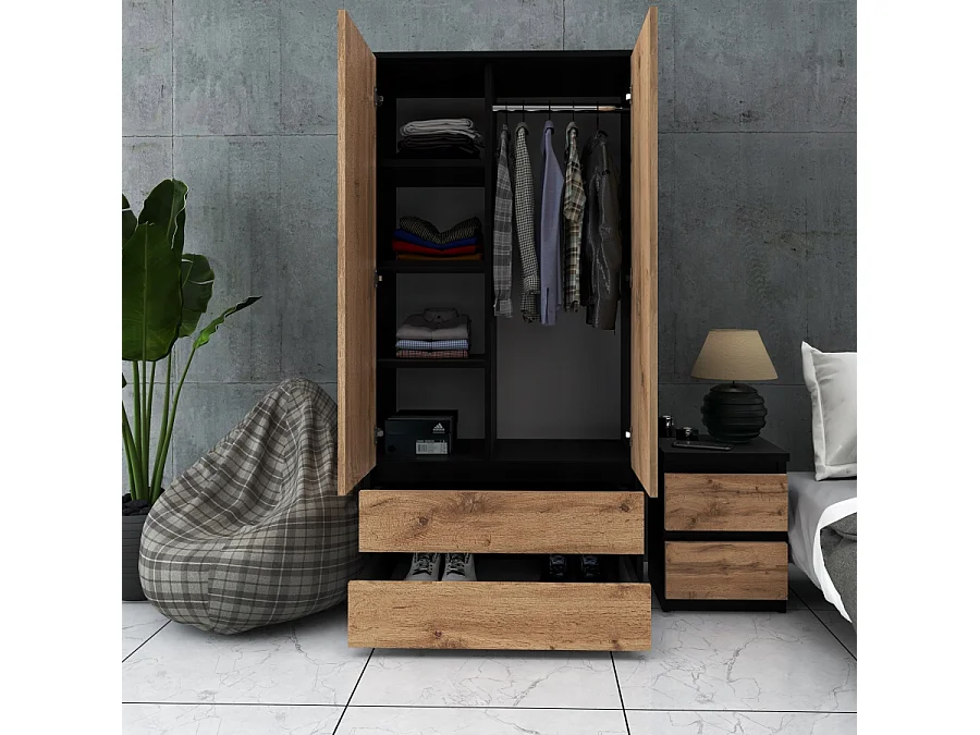 Set de Meuble de Rangement – Armoire 90 cm + Commode 6 Tiroirs 100cm  – Noir + Chêne Wotan– Moderne et Pratique