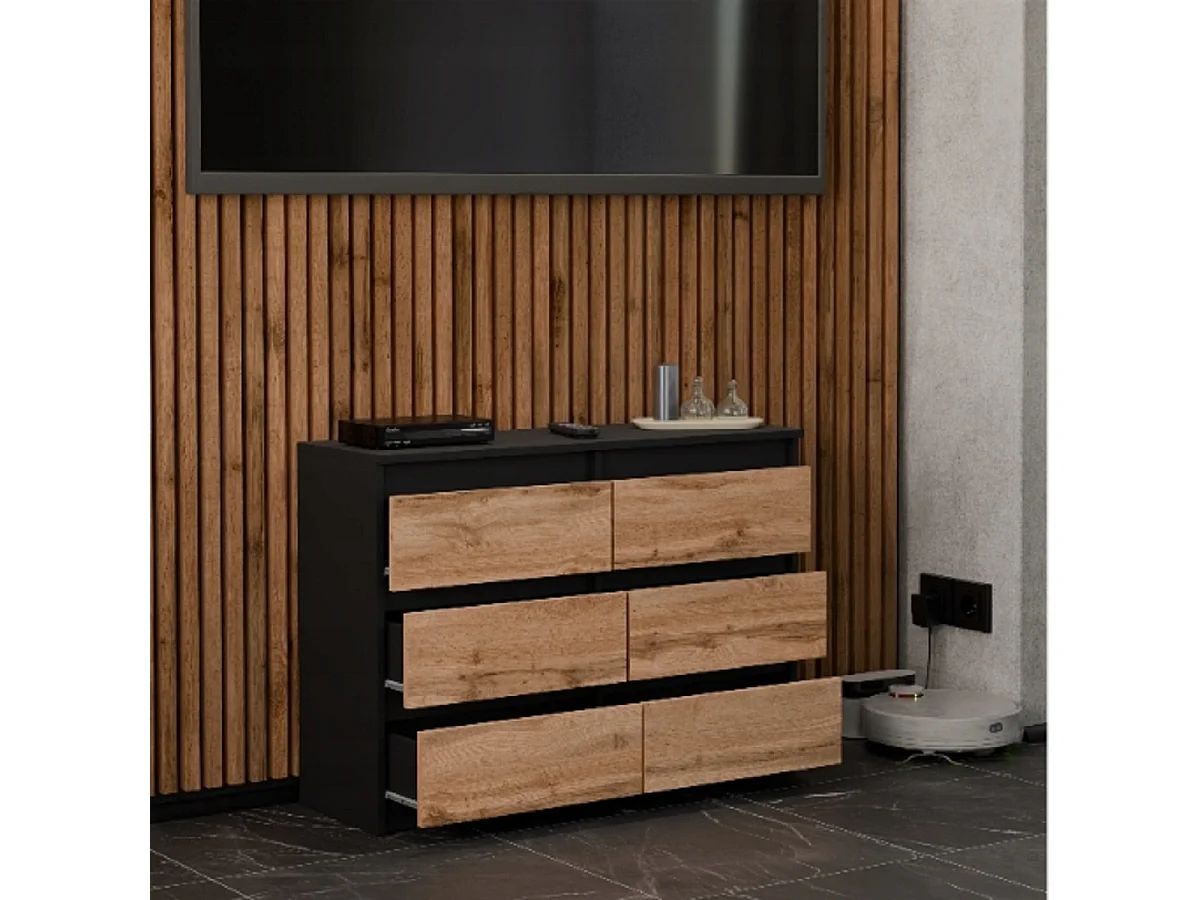 Set de Meuble de Rangement – Armoire 90 cm + Commode 6 Tiroirs 100cm  – Noir + Chêne Wotan– Moderne et Pratique