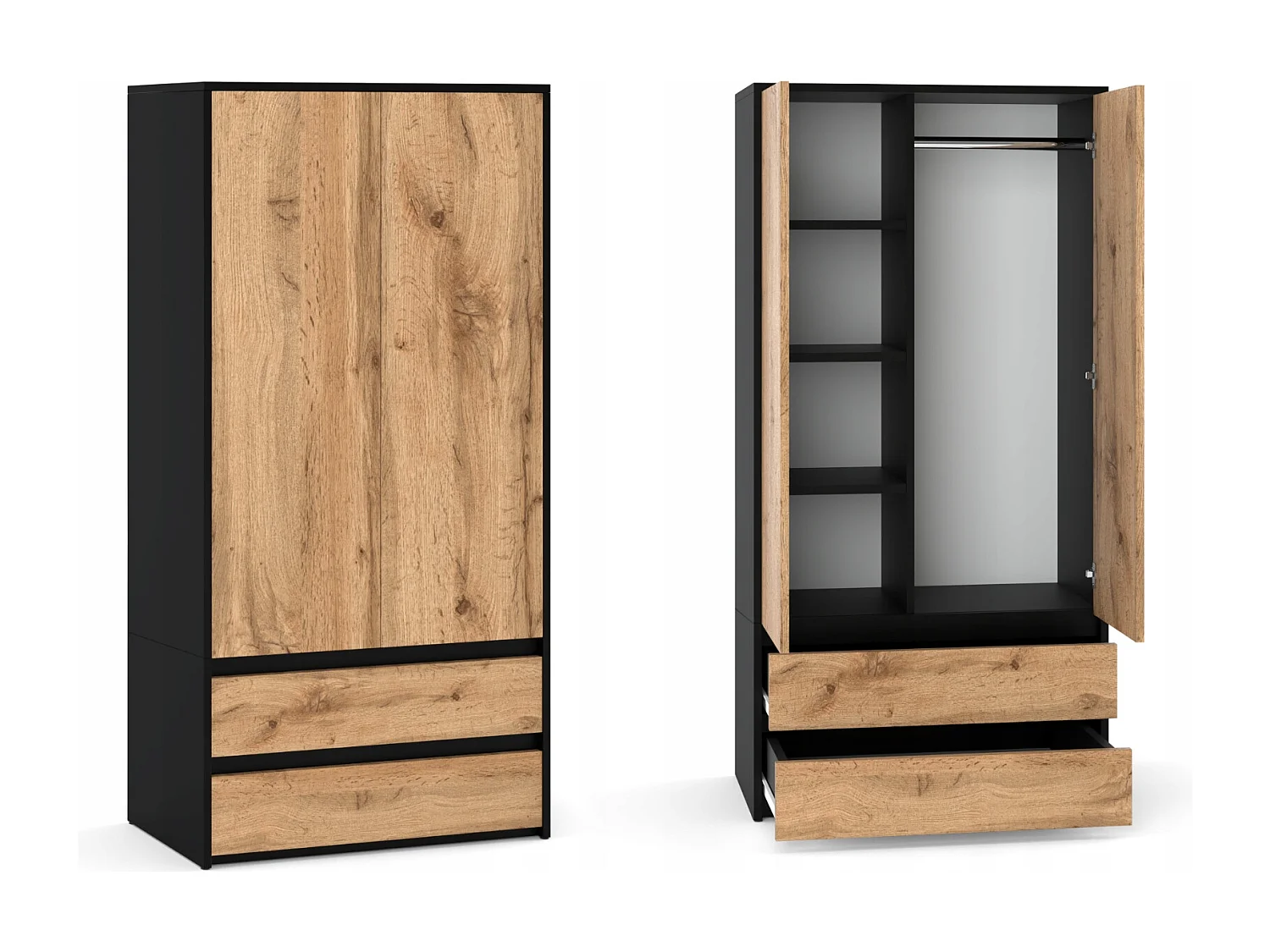 Set de Meuble de Rangement – Armoire 90 cm + Commode 6 Tiroirs 100cm  – Noir + Chêne Wotan– Moderne et Pratique