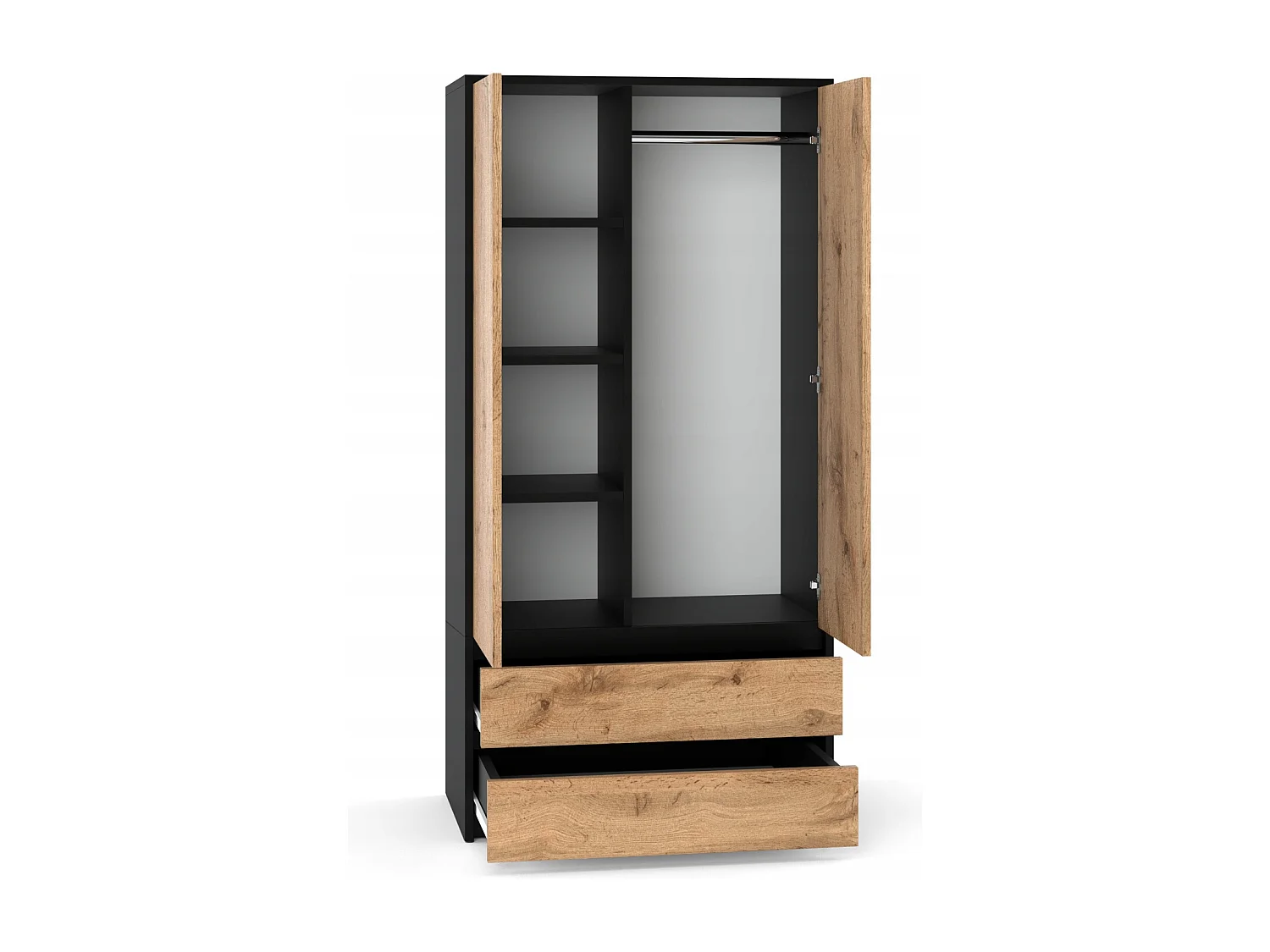 Set de Meuble de Rangement – Armoire 90 cm + Commode 6 Tiroirs 100cm  – Noir + Chêne Wotan– Moderne et Pratique