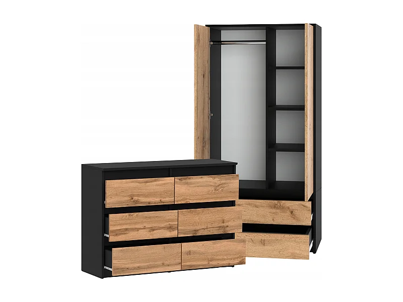 Set de Meuble de Rangement – Armoire 90 cm + Commode 6 Tiroirs 100cm  – Noir + Chêne Wotan– Moderne et Pratique