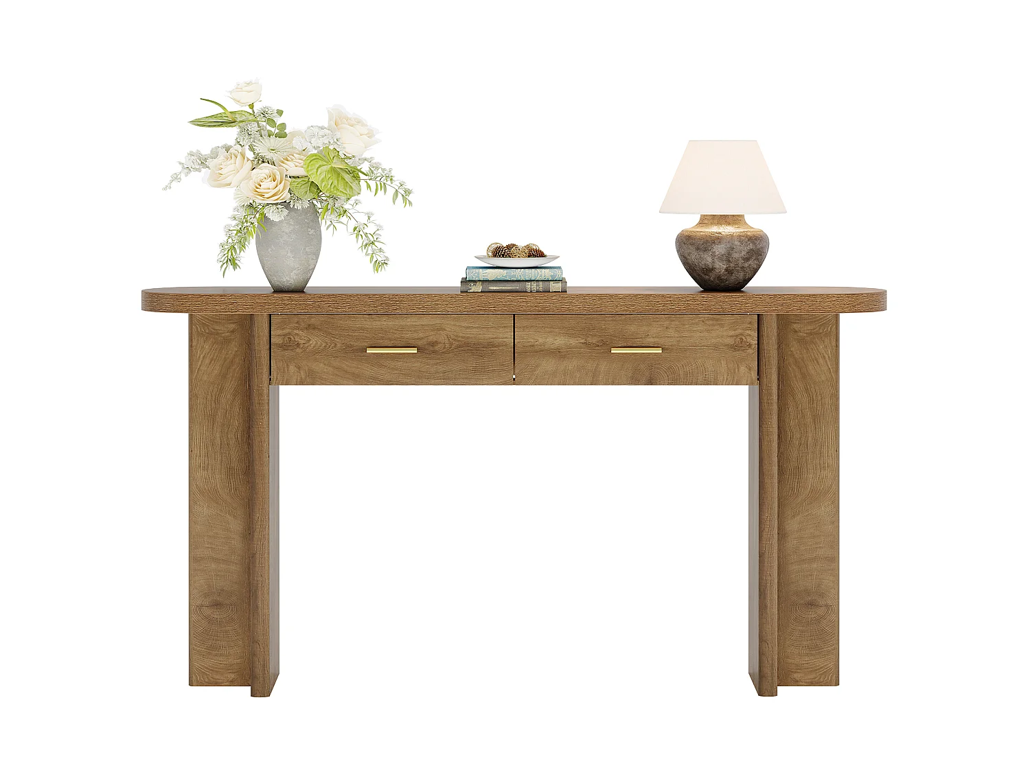 Console ovale incurvée de style campagnard avec 2 tiroirs, 160 cm, idéale pour une entrée avec rangement.