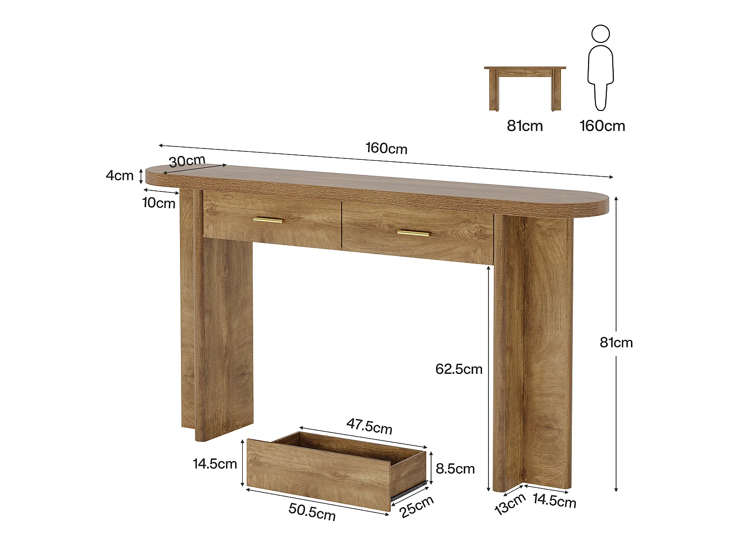 Console ovale incurvée de style campagnard avec 2 tiroirs, 160 cm, idéale pour une entrée avec rangement.