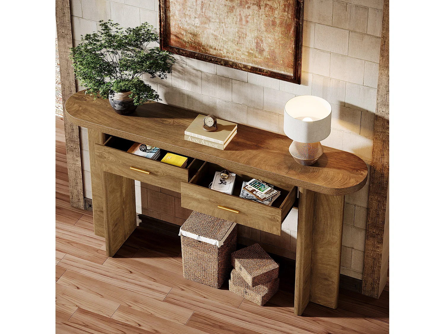 Console ovale incurvée de style campagnard avec 2 tiroirs, 160 cm, idéale pour une entrée avec rangement.