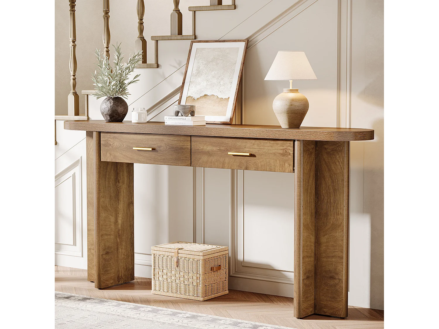 Console ovale incurvée de style campagnard avec 2 tiroirs, 160 cm, idéale pour une entrée avec rangement.