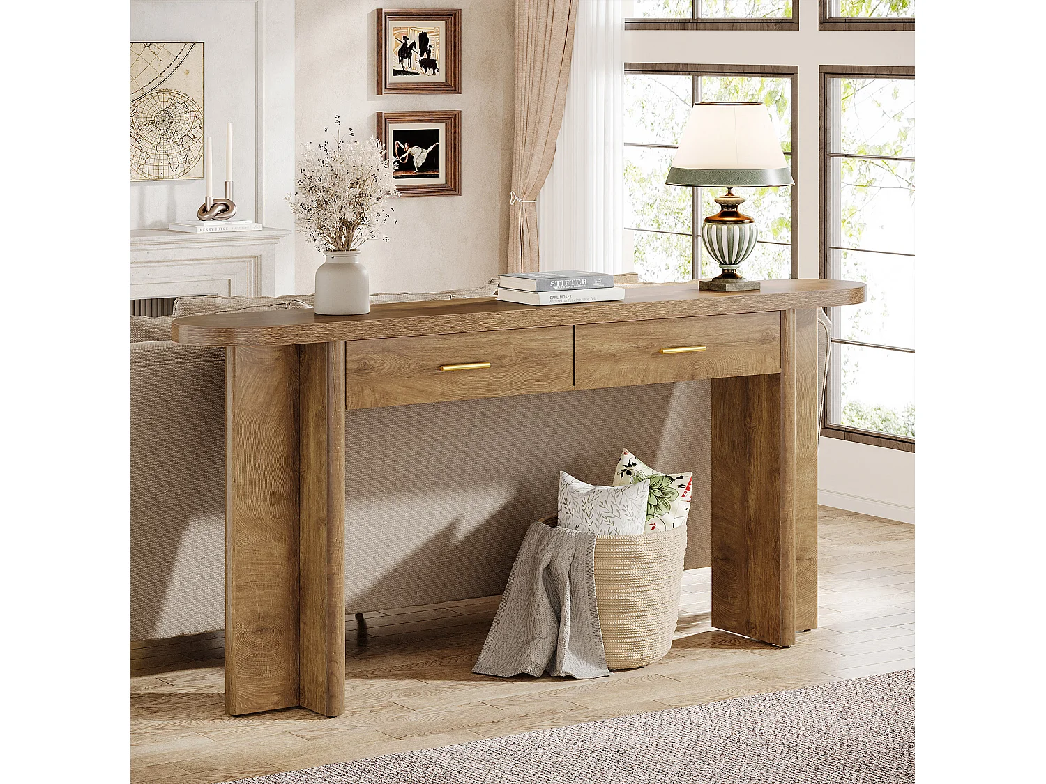Console ovale incurvée de style campagnard avec 2 tiroirs, 160 cm, idéale pour une entrée avec rangement.