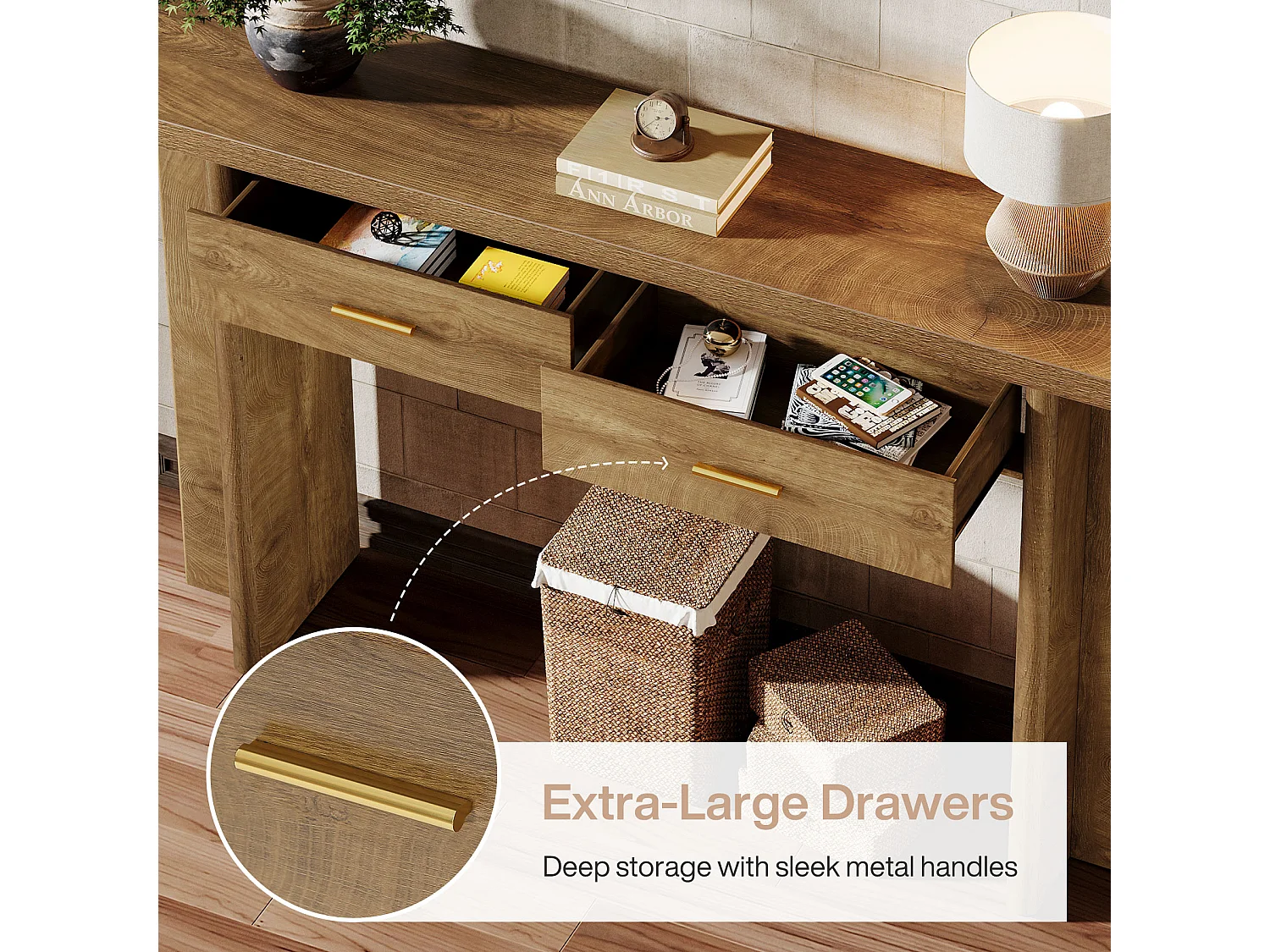 Console ovale incurvée de style campagnard avec 2 tiroirs, 160 cm, idéale pour une entrée avec rangement.
