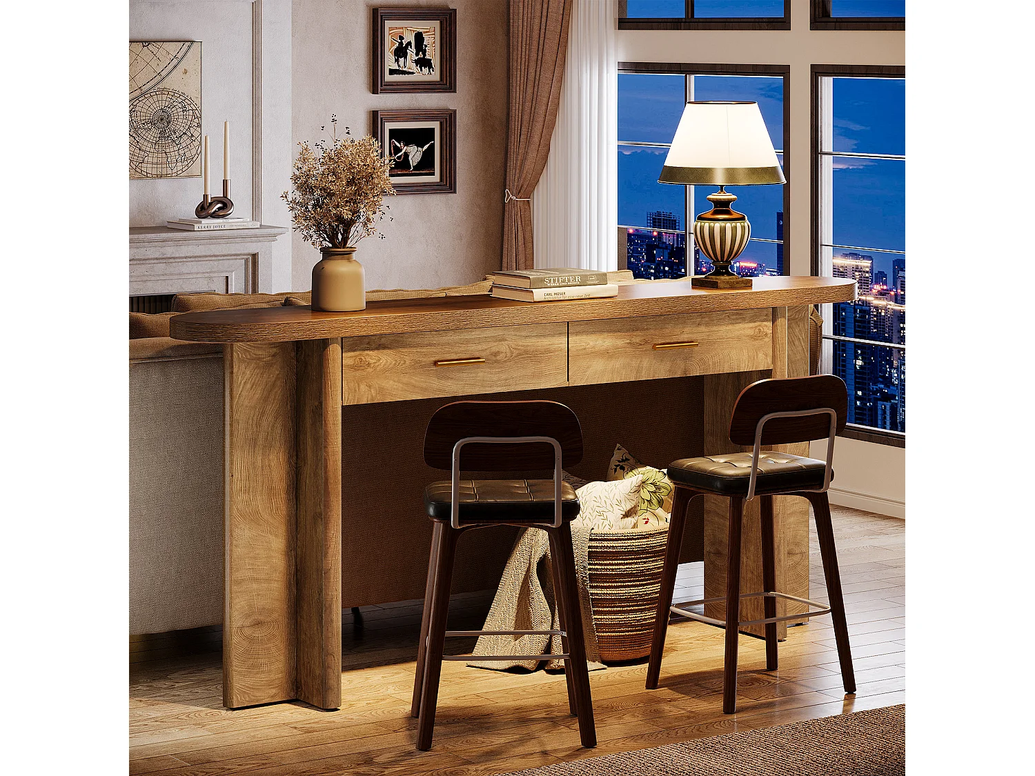 Console ovale incurvée de style campagnard avec 2 tiroirs, 160 cm, idéale pour une entrée avec rangement.