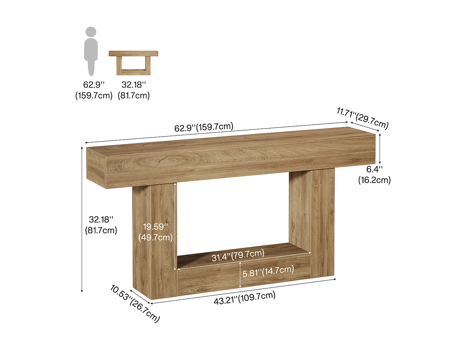 Console 160 cm, table d'entrée à deux niveaux de style campagnard, table d'appoint derrière le canapé