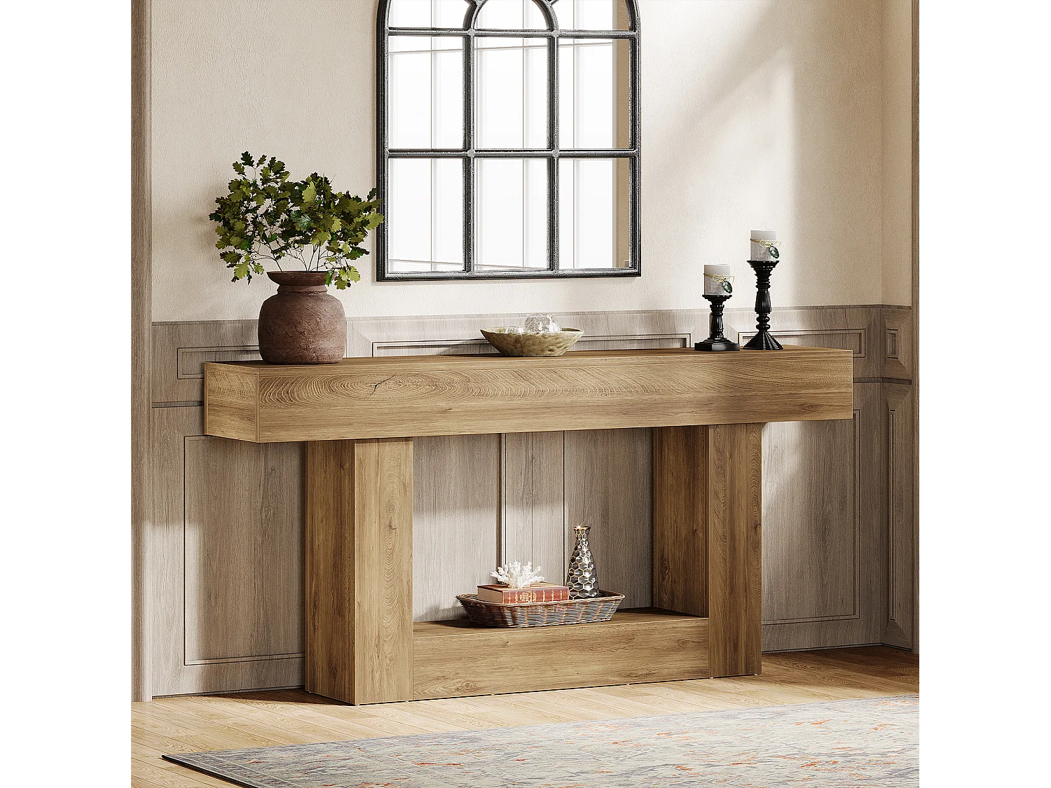Console 160 cm, table d'entrée à deux niveaux de style campagnard, table d'appoint derrière le canapé