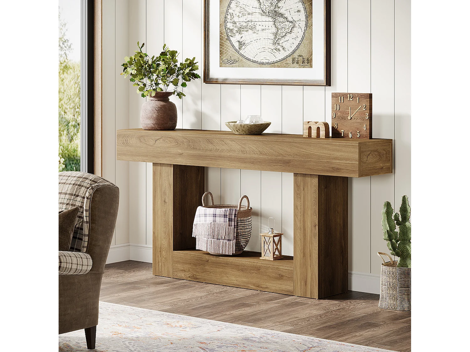 Console 160 cm, table d'entrée à deux niveaux de style campagnard, table d'appoint derrière le canapé