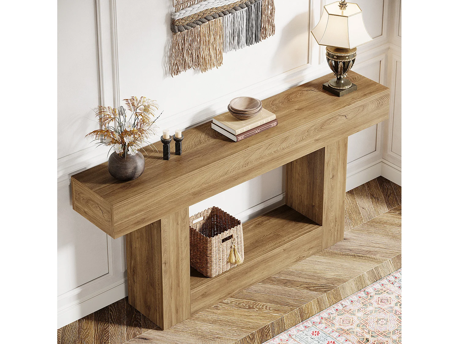 Console 160 cm, table d'entrée à deux niveaux de style campagnard, table d'appoint derrière le canapé