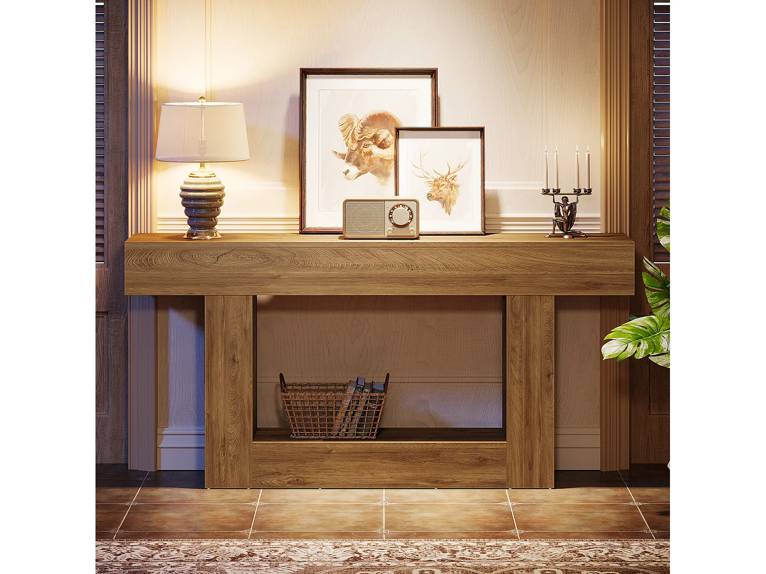 Console 160 cm, table d'entrée à deux niveaux de style campagnard, table d'appoint derrière le canapé