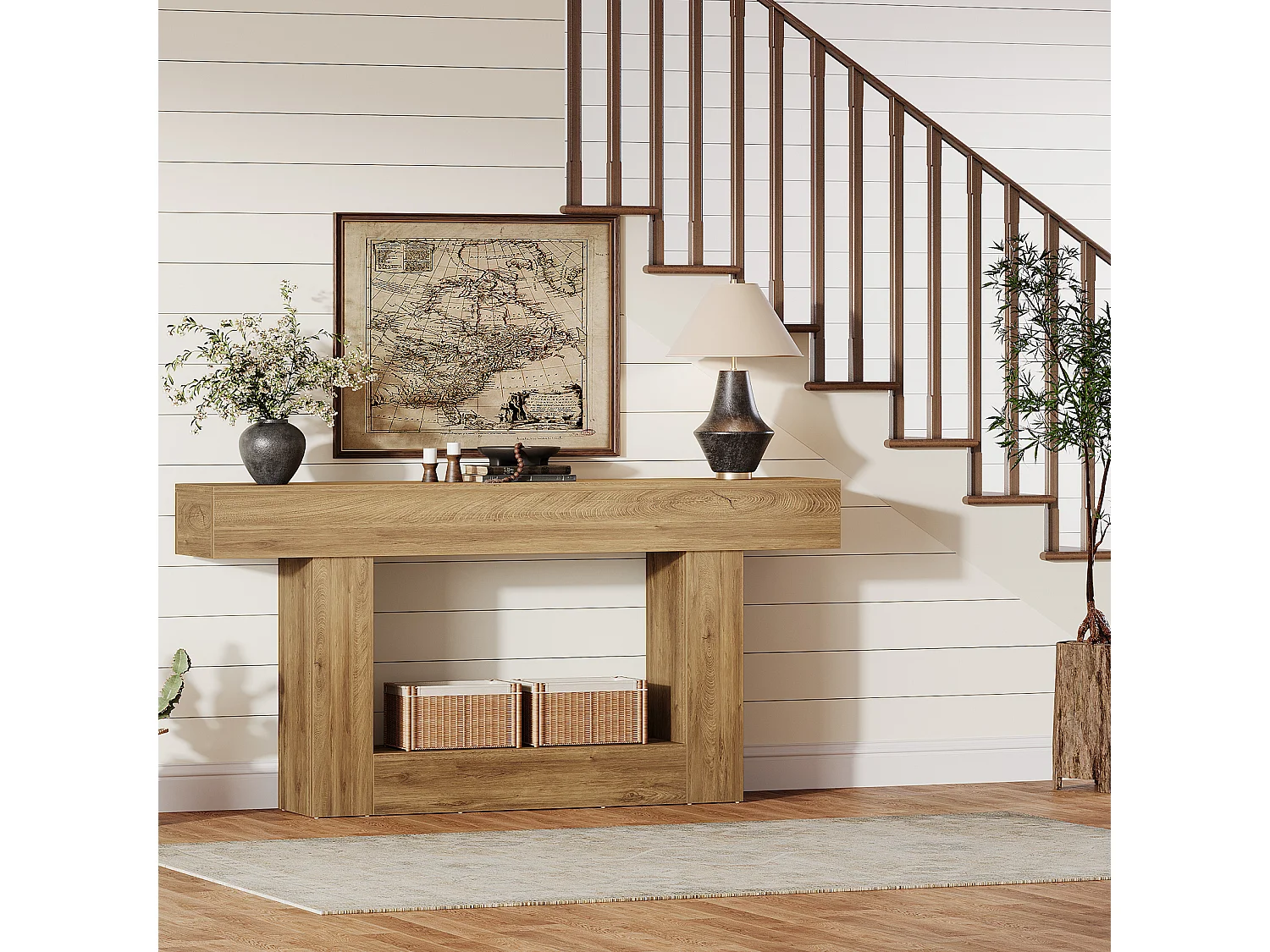 Console 160 cm, table d'entrée à deux niveaux de style campagnard, table d'appoint derrière le canapé