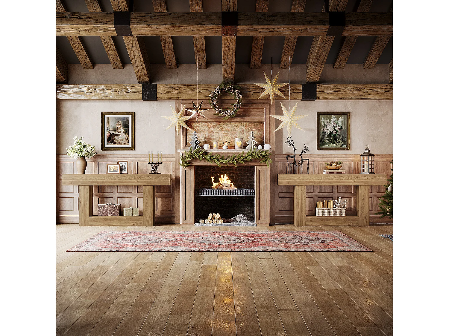 Console 160 cm, table d'entrée à deux niveaux de style campagnard, table d'appoint derrière le canapé