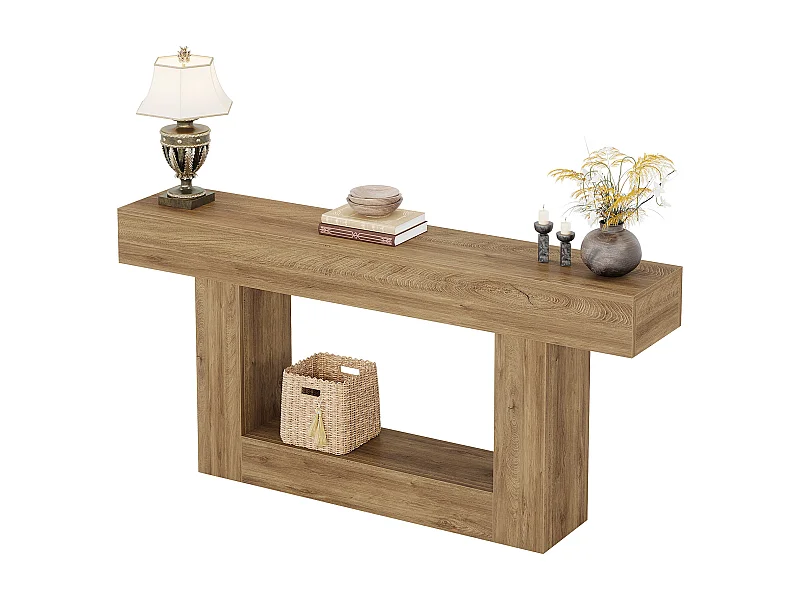Console 160 cm, table d'entrée à deux niveaux de style campagnard, table d'appoint derrière le canapé