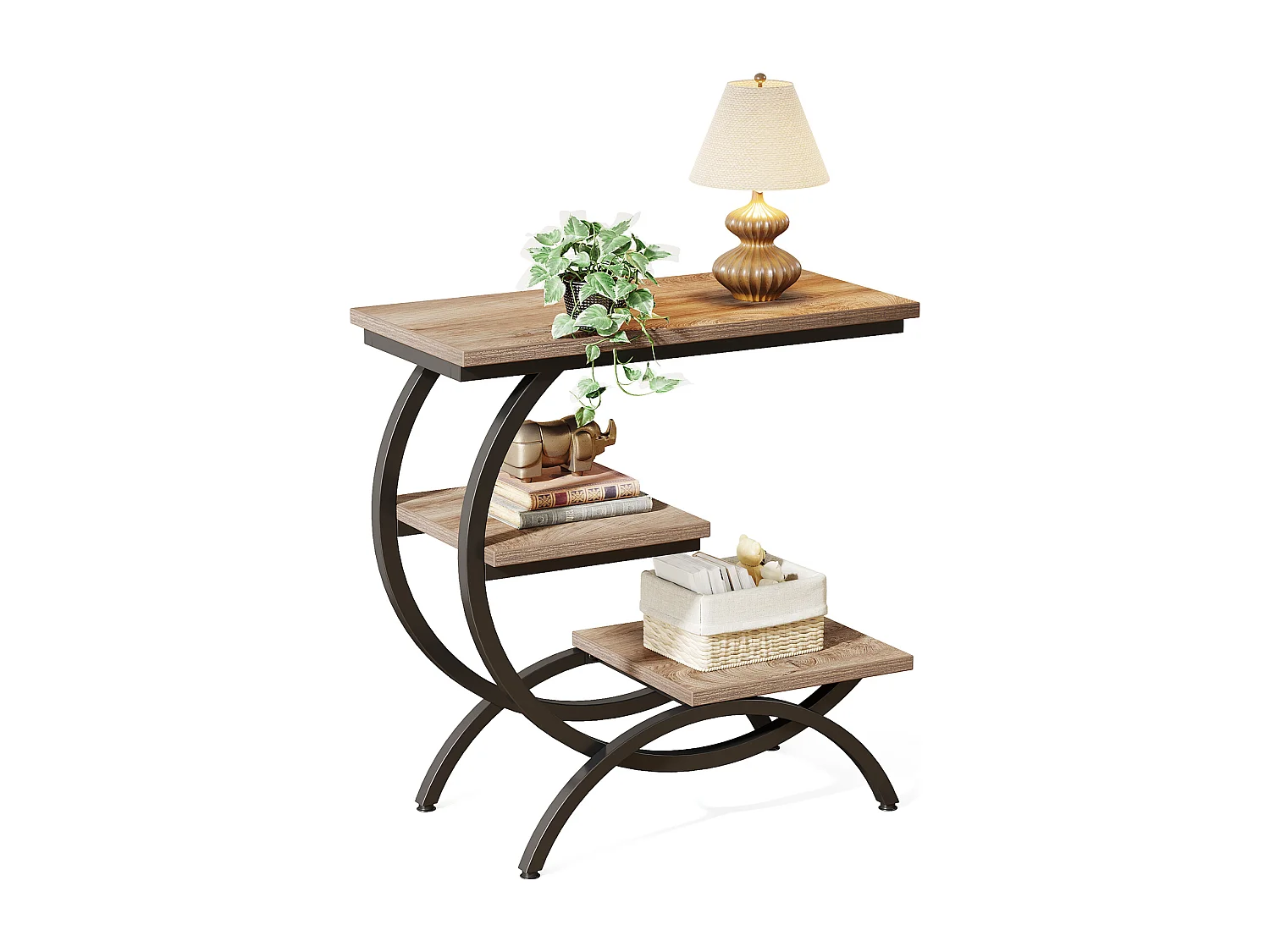 Table d'appoint étroite avec 3 étagères de rangement, style industriel, en forme de C, idéale pour un petit canapé.