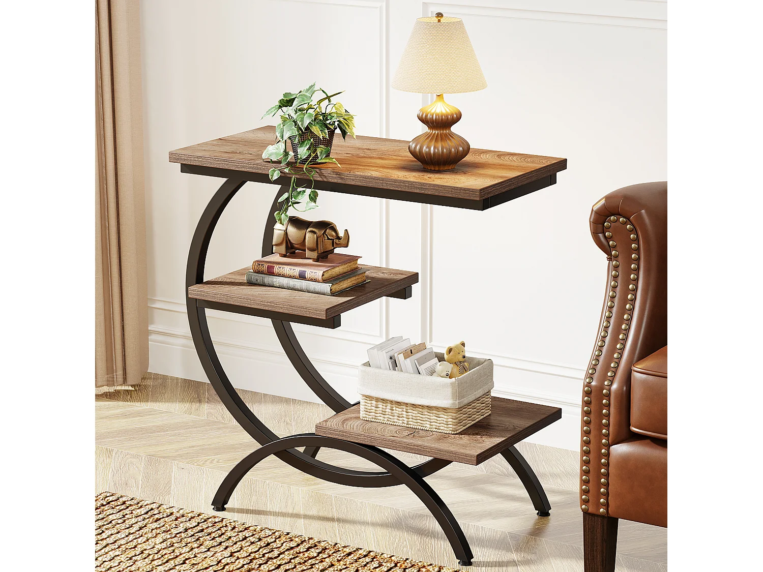 Table d'appoint étroite avec 3 étagères de rangement, style industriel, en forme de C, idéale pour un petit canapé.