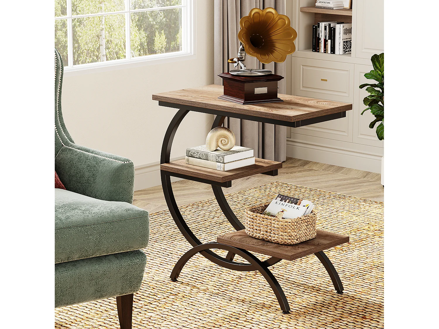 Table d'appoint étroite avec 3 étagères de rangement, style industriel, en forme de C, idéale pour un petit canapé.