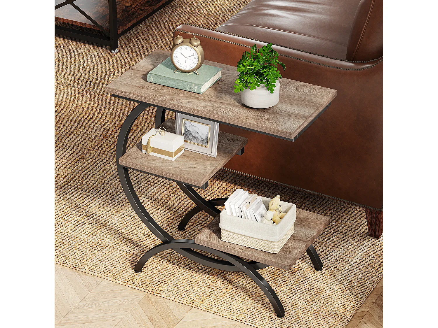 Table d'appoint étroite avec 3 étagères de rangement, style industriel, en forme de C, idéale pour un petit canapé.