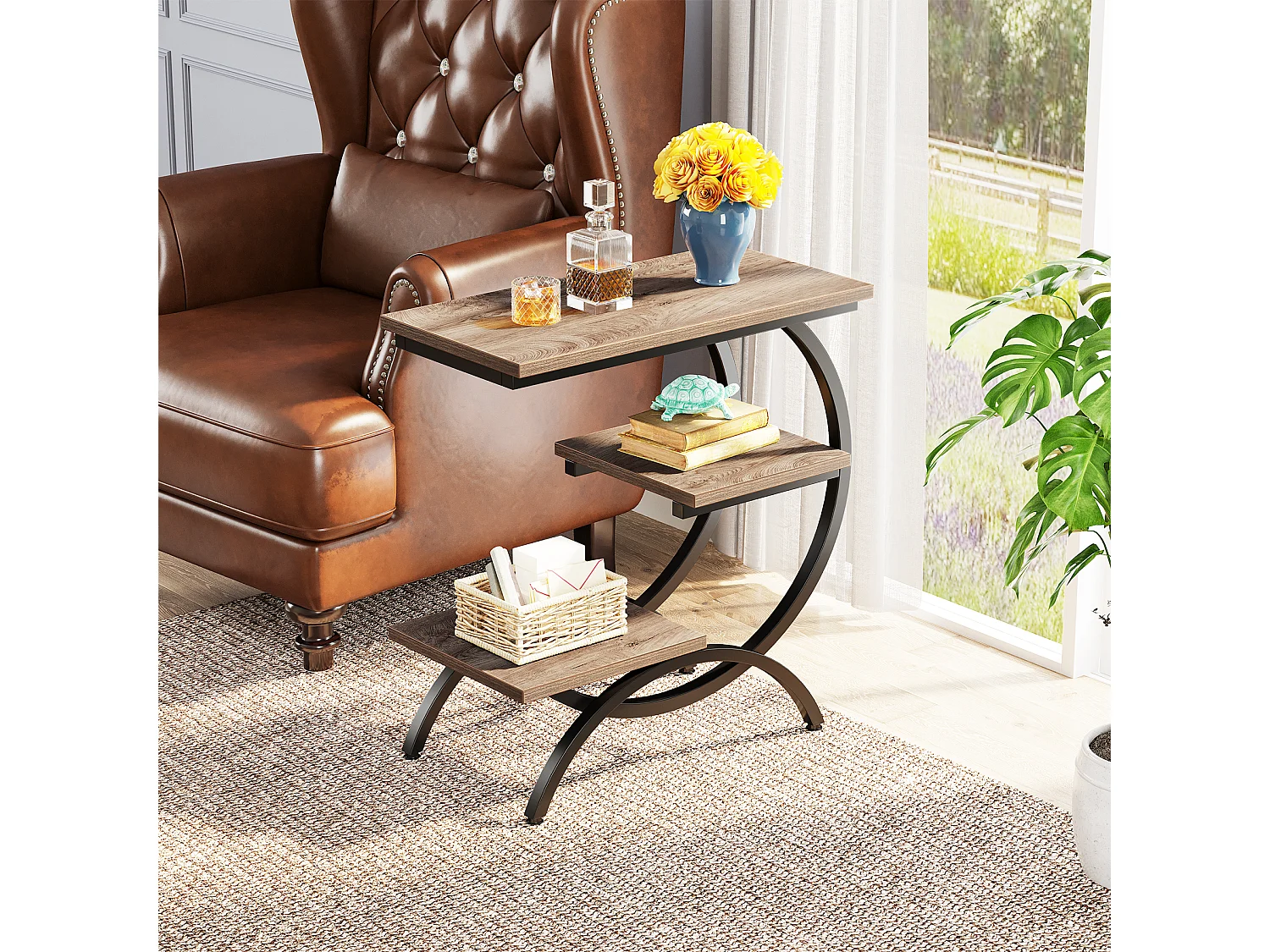 Table d'appoint étroite avec 3 étagères de rangement, style industriel, en forme de C, idéale pour un petit canapé.