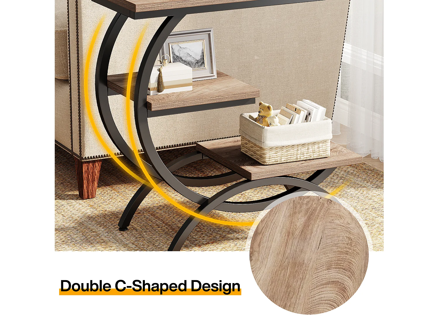 Table d'appoint étroite avec 3 étagères de rangement, style industriel, en forme de C, idéale pour un petit canapé.