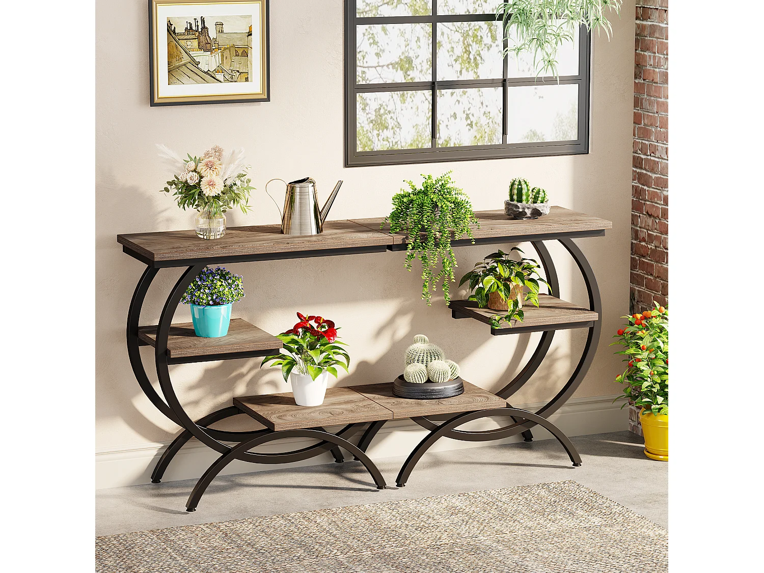 Table d'appoint étroite avec 3 étagères de rangement, style industriel, en forme de C, idéale pour un petit canapé.