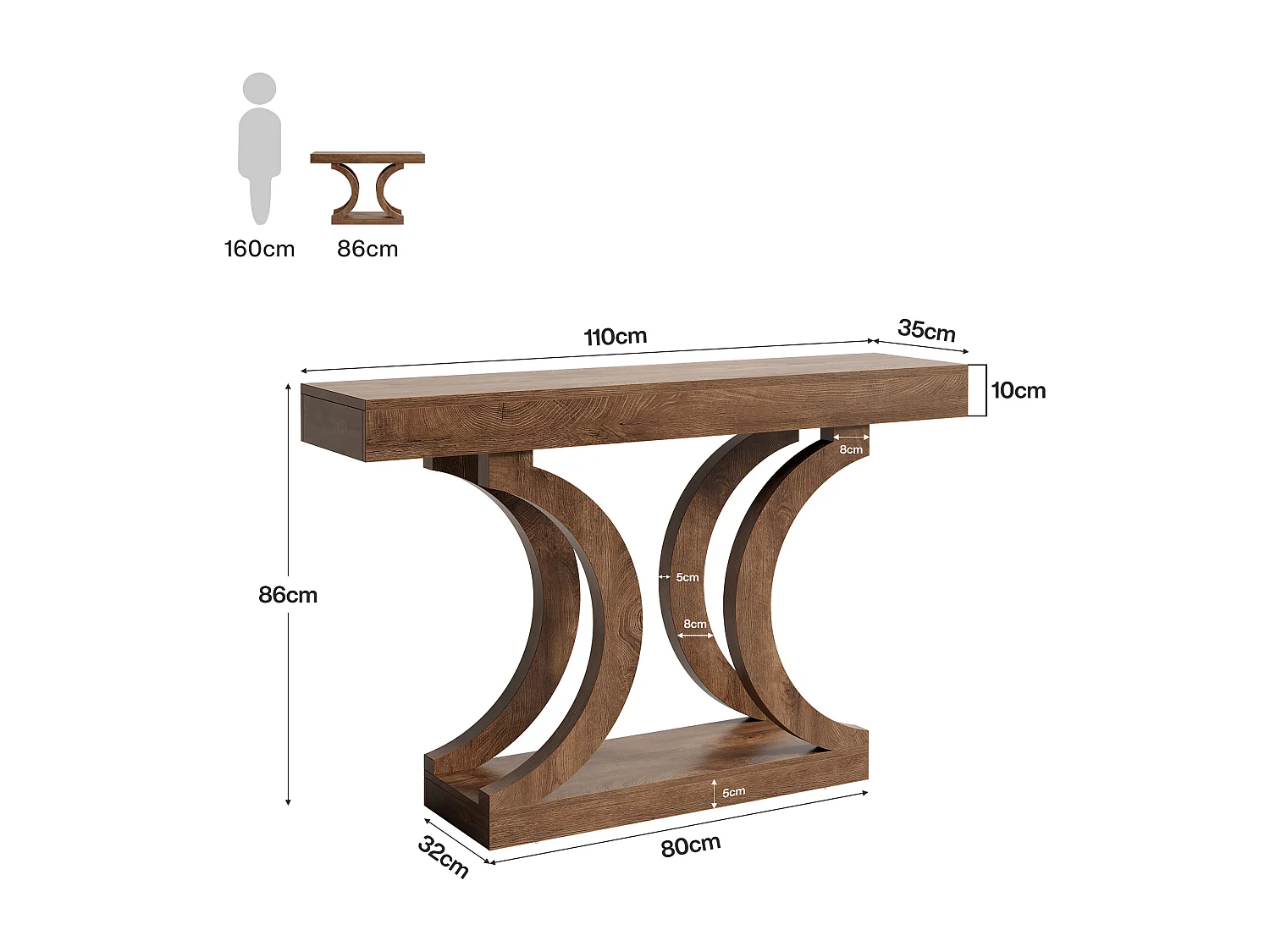 Console de style campagnard pour entrée, table d'appoint étroite de 110 cm à placer derrière le canapé, avec pieds incurvés