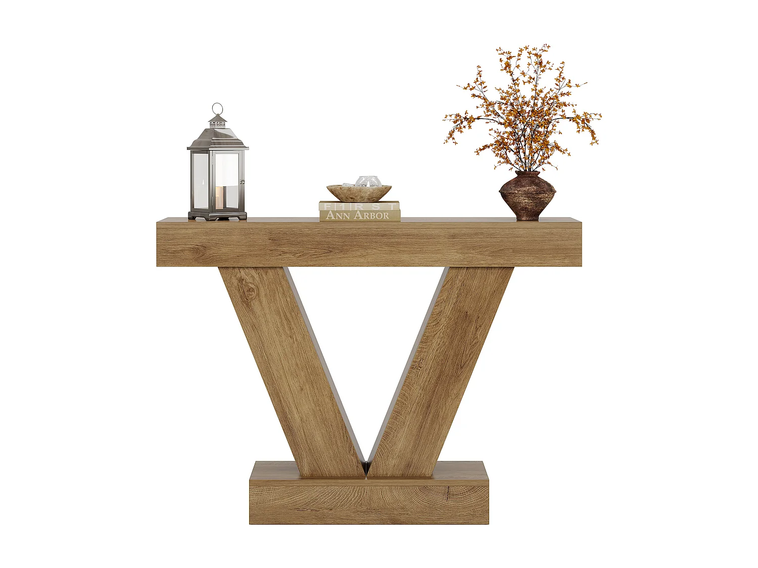 Console de 105 cm, table d'entrée avec pieds en V, idéale pour le salon ou le couloir, à placer derrière un canapé ou un fauteuil.