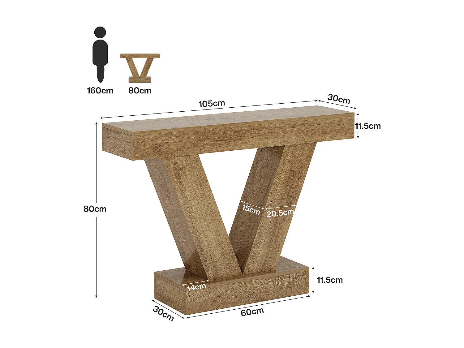 Console de 105 cm, table d'entrée avec pieds en V, idéale pour le salon ou le couloir, à placer derrière un canapé ou un fauteuil.