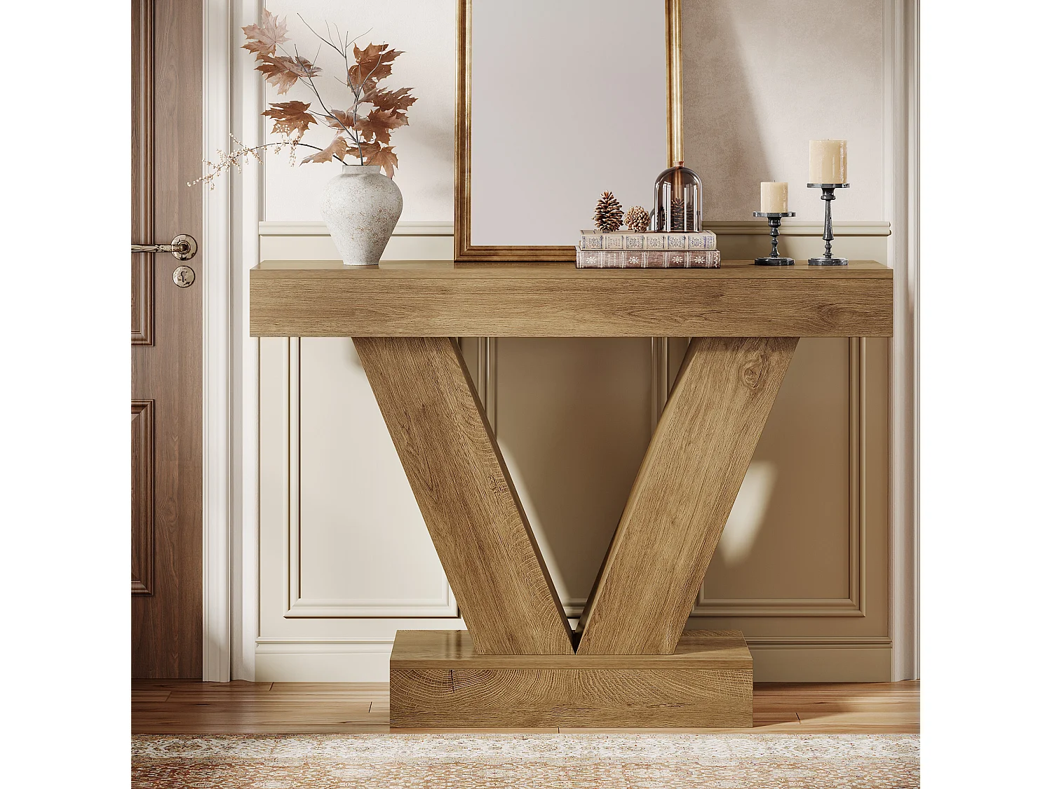 Console de 105 cm, table d'entrée avec pieds en V, idéale pour le salon ou le couloir, à placer derrière un canapé ou un fauteuil.