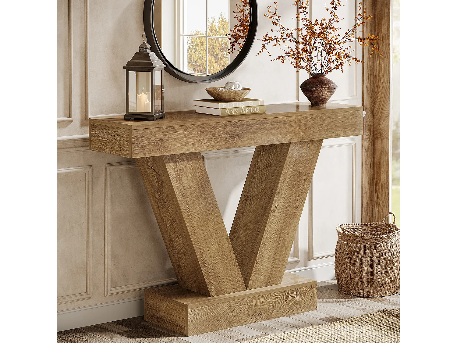 Console de 105 cm, table d'entrée avec pieds en V, idéale pour le salon ou le couloir, à placer derrière un canapé ou un fauteuil.